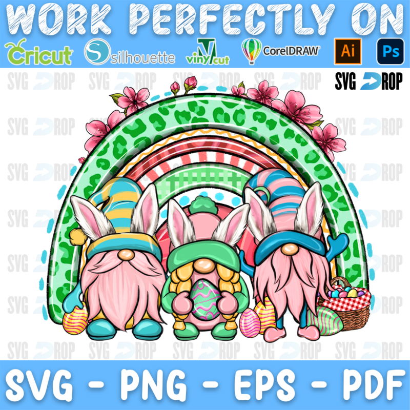 Three Easter gnomes with bunny ears and eggs under a green leopard, plaid and pink rainbow with cherry blossoms. Sublimation PNG