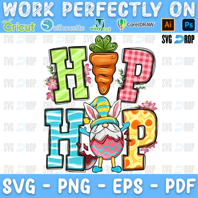 Hip Hop lettering in green, pink plaid, blue and orange letters with a carrot and an Easter gnome holding an egg. Sublimation PNG