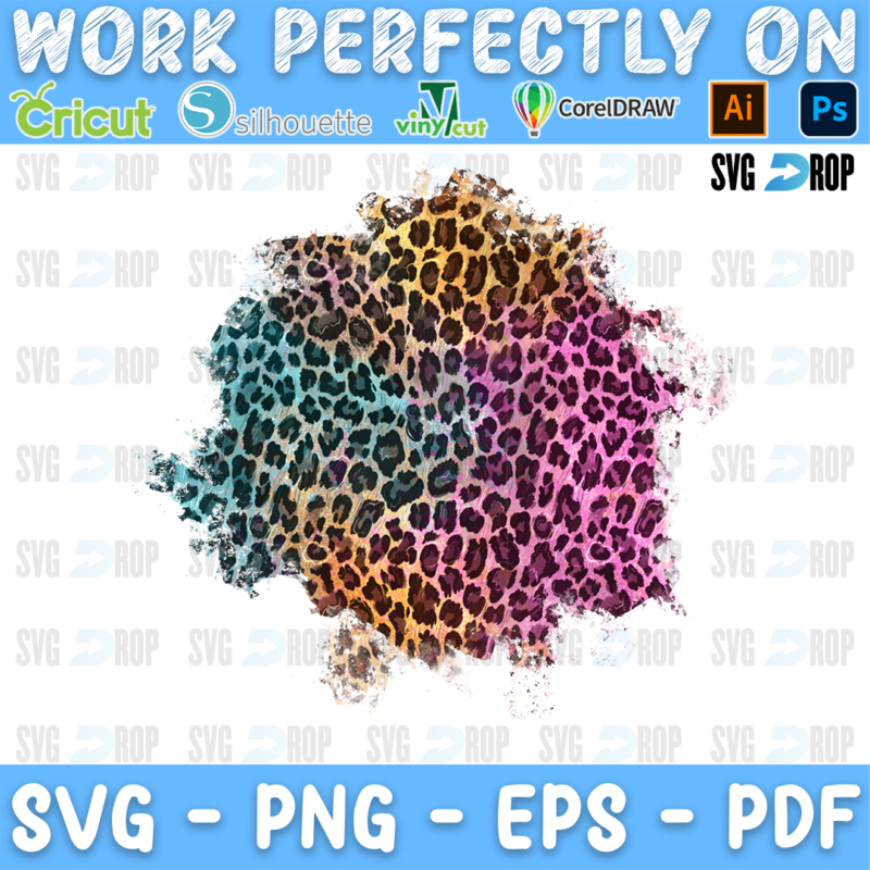 A pastel leopard print background patch with brushed edges, blending teal, pink and brown leopard spots, teal on the left, pink. Sublimation PNG