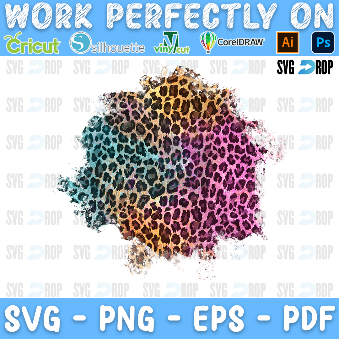 A pastel leopard print background patch with brushed edges, blending teal, pink and brown leopard spots, teal on the left, pink. Sublimation PNG