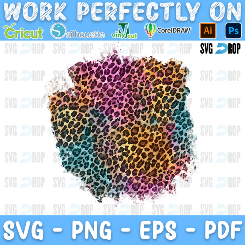 A pastel leopard print background patch with brushed edges, blending teal, pink and brown leopard spots, with pink across the top. Sublimation PNG