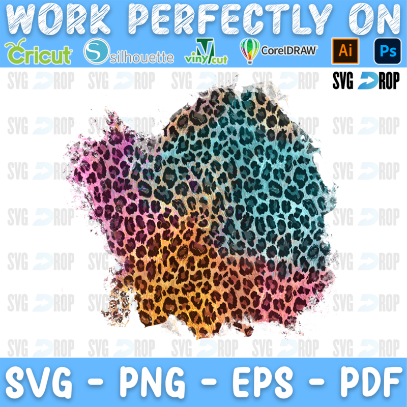 A pastel leopard print background patch with brushed edges, blending teal, pink and brown leopard spots, mostly teal with a brown. Sublimation PNG