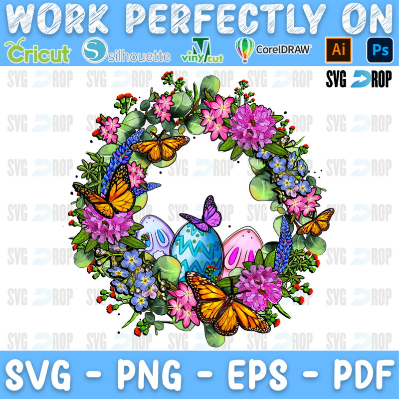 An Easter wreath of eucalyptus, pink and purple spring flowers and butterflies with Easter eggs. Sublimation PNG