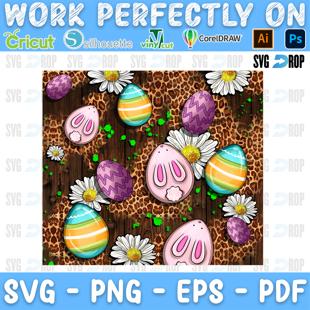 Easter eggs, bunny feet and daisies on leopard print and wood. Sublimation PNG