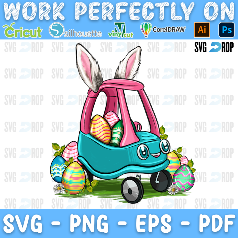 A turquoise and pink toddler car with bunny ears carrying Easter eggs. Sublimation PNG