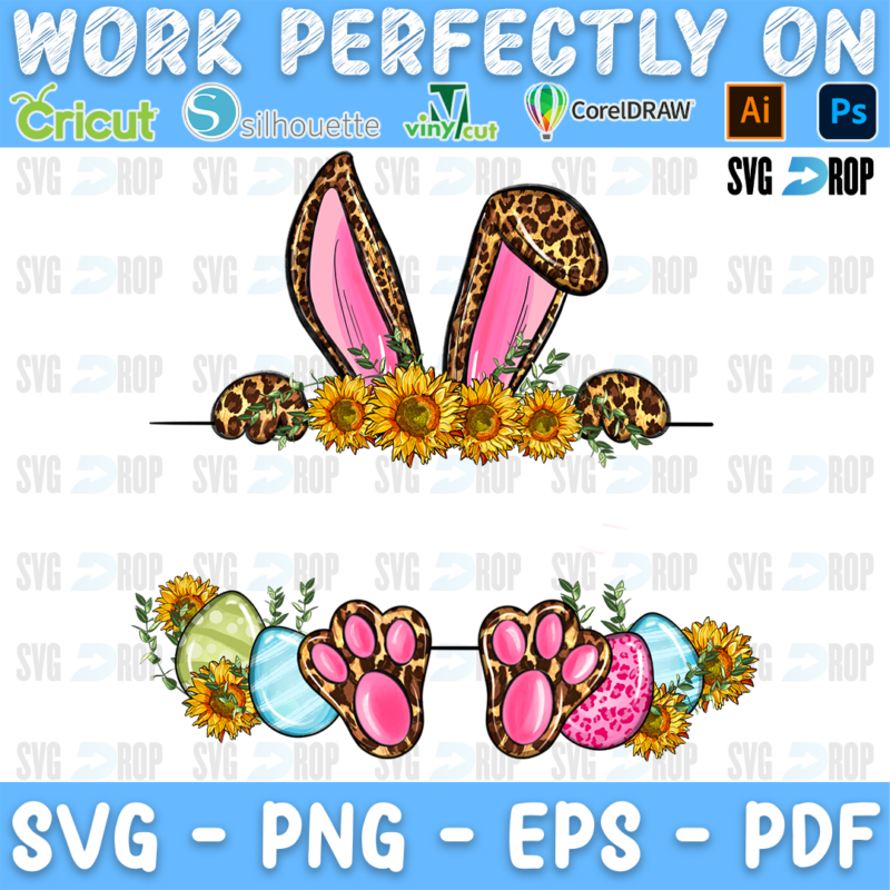 An Easter name frame with leopard bunny ears, sunflowers, Easter eggs and pink bunny feet. Sublimation PNG