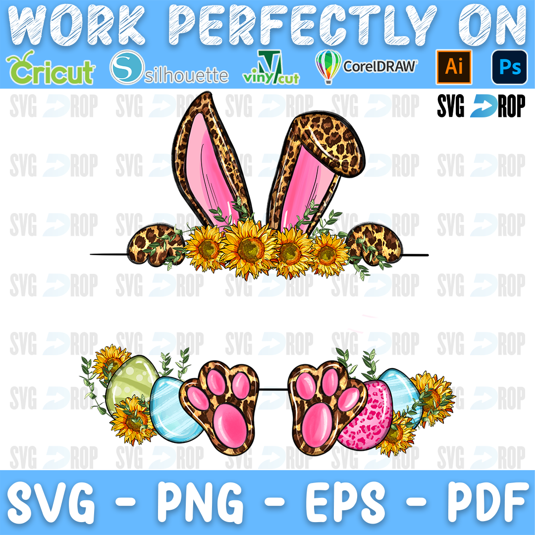 An Easter name frame with leopard bunny ears, sunflowers, Easter eggs and pink bunny feet. Sublimation PNG