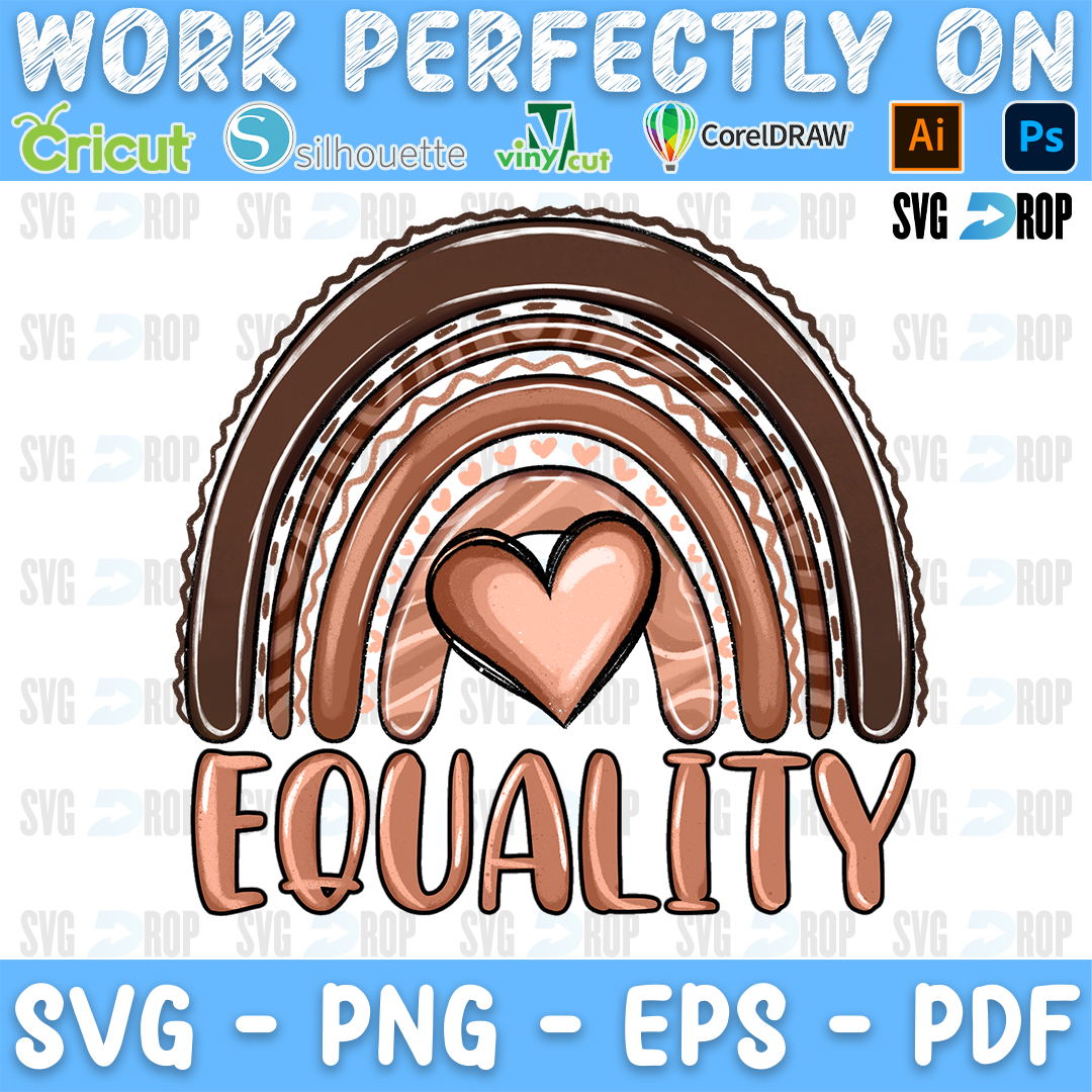 A brown skin tone boho rainbow with a heart and Equality lettering. Sublimation PNG