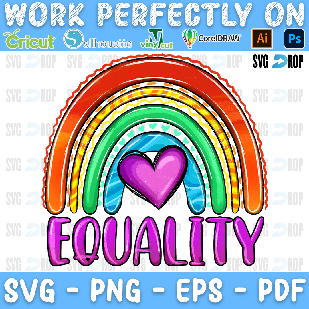 A bright rainbow with a purple heart and purple Equality lettering. Sublimation PNG