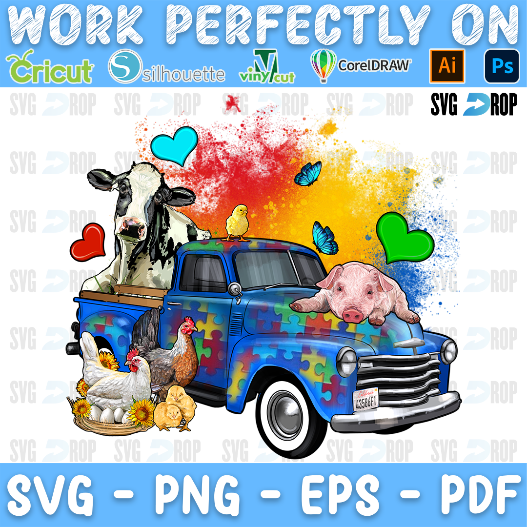 A blue pickup truck with puzzle pieces carrying a cow, a pig, chickens and chicks on a color splash. Sublimation PNG