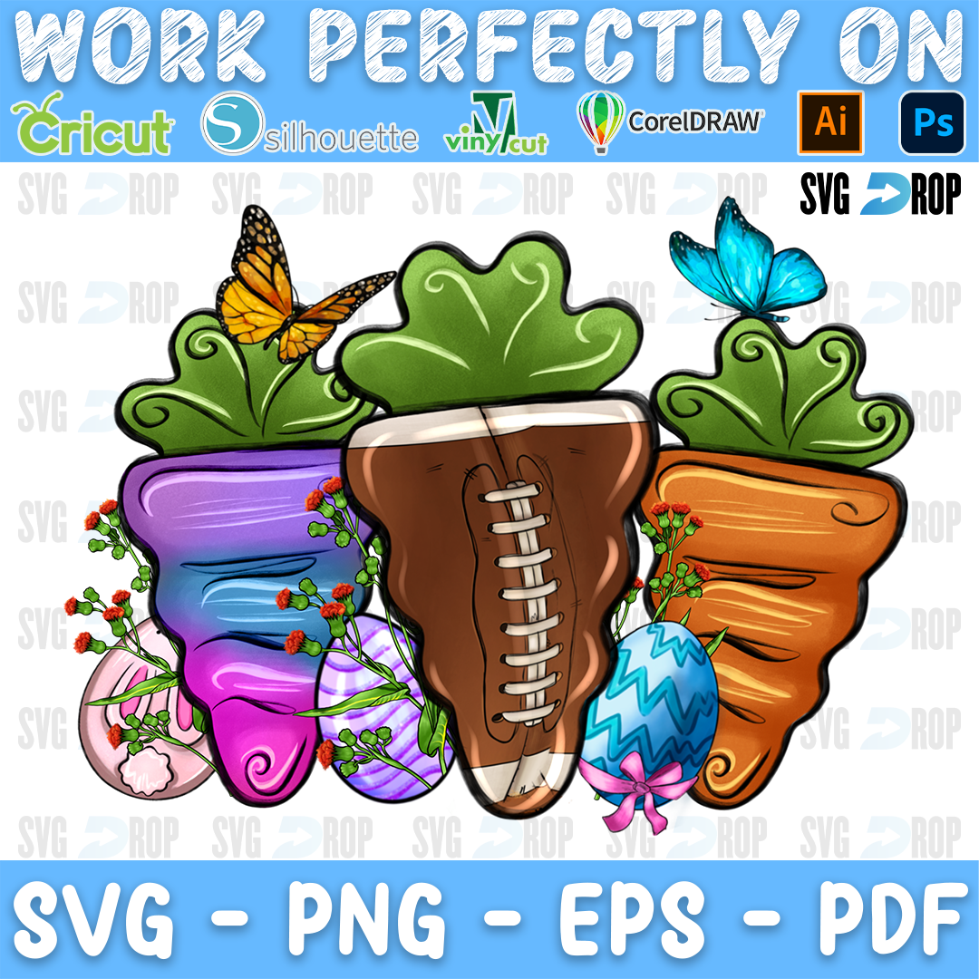 A football carrot between purple and orange carrots with Easter eggs and butterflies. Sublimation PNG