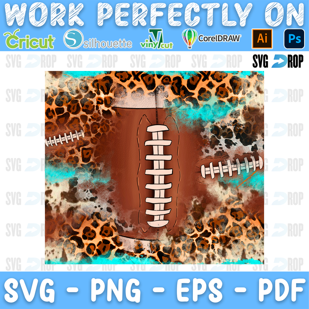 Brown footballs with laces on leopard print, cowhide and turquoise. Sublimation PNG