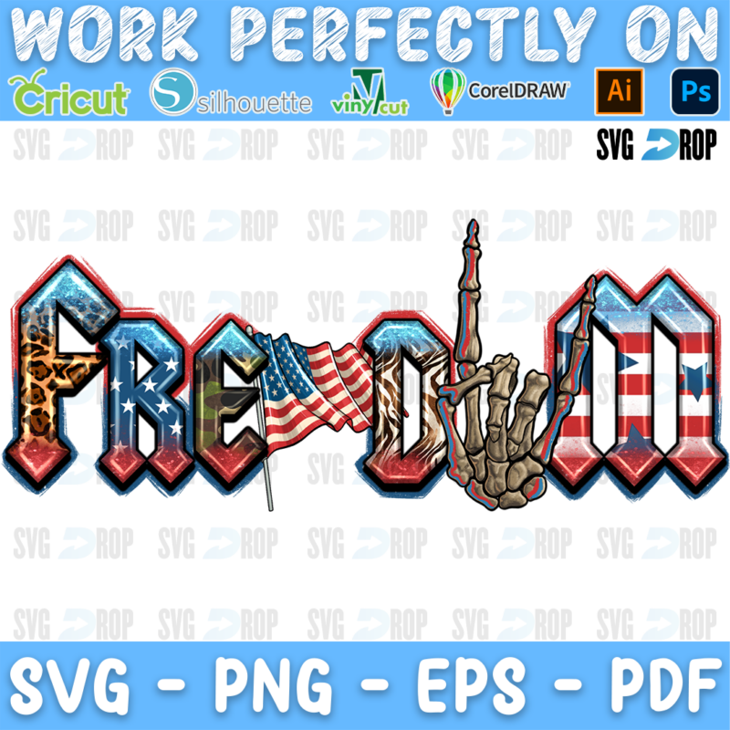 Freedom lettering in American flag and leopard letters with a skeleton rock hand. Sublimation PNG