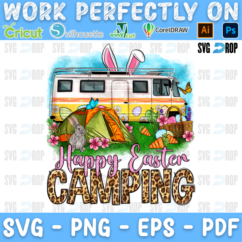 Happy Easter Camping lettering with a retro camper van wearing bunny ears, a tent, a bunny and Easter eggs. Sublimation PNG