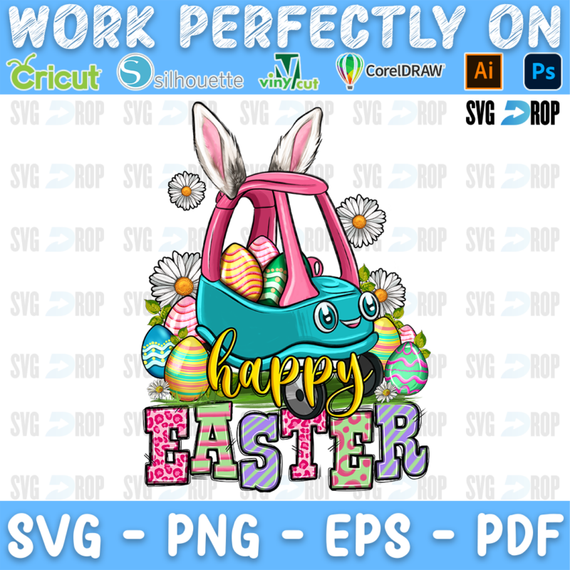 Happy Easter lettering in gold script and pink, purple leopard letters with a toddler car with bunny ears, eggs and daisies. Sublimation PNG