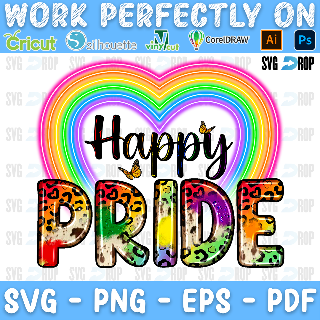 Happy Pride lettering in black script and rainbow leopard, cowhide letters inside a neon rainbow heart. Sublimation PNG