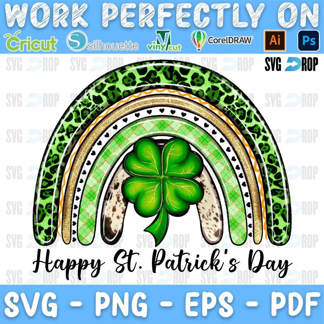 A green leopard, plaid and polka dot rainbow with a shamrock and Happy St. Patrick's Day script. Sublimation PNG