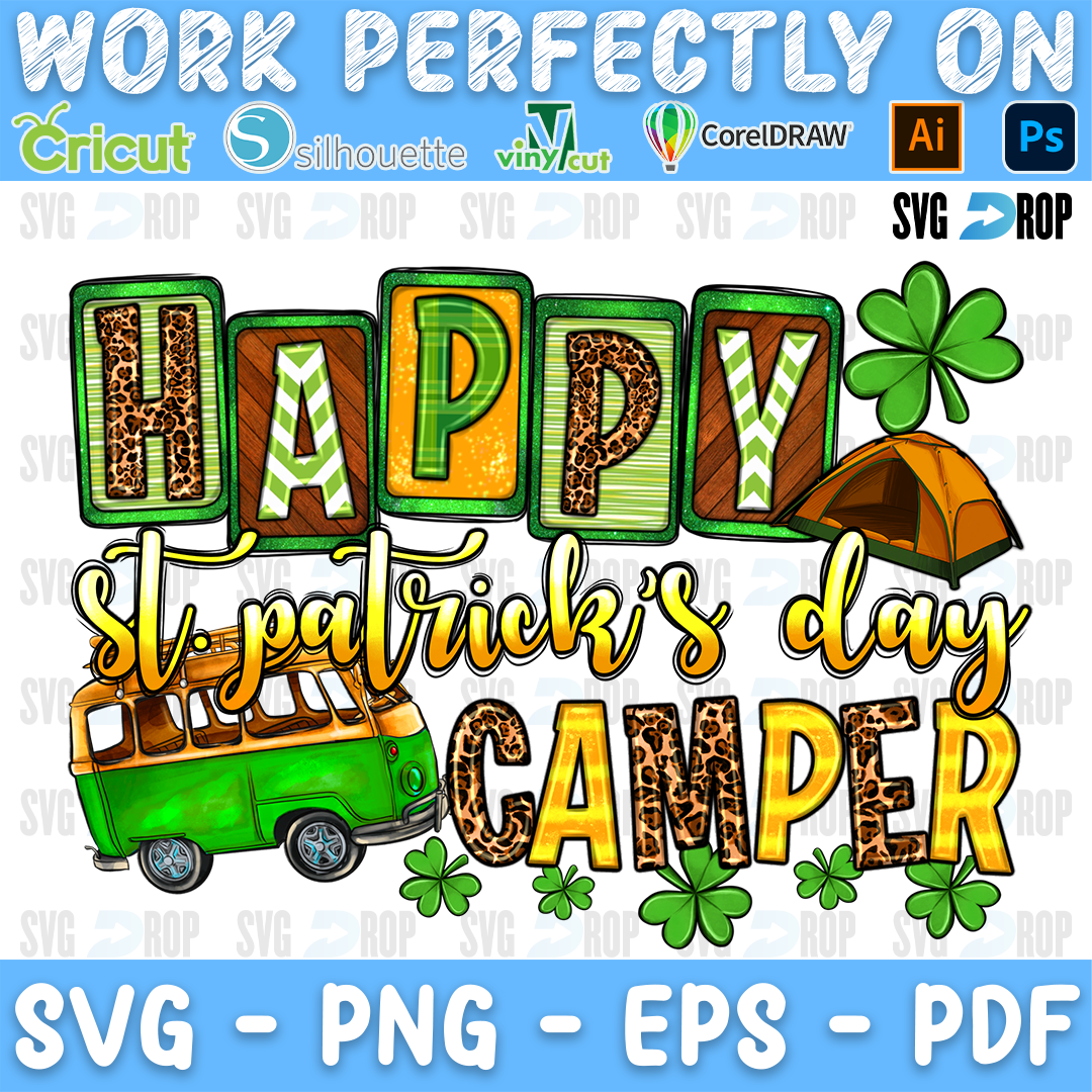 Happy St. Patrick's Day Camper lettering in green and leopard letters with a green camper van, a tent and shamrocks. Sublimation PNG