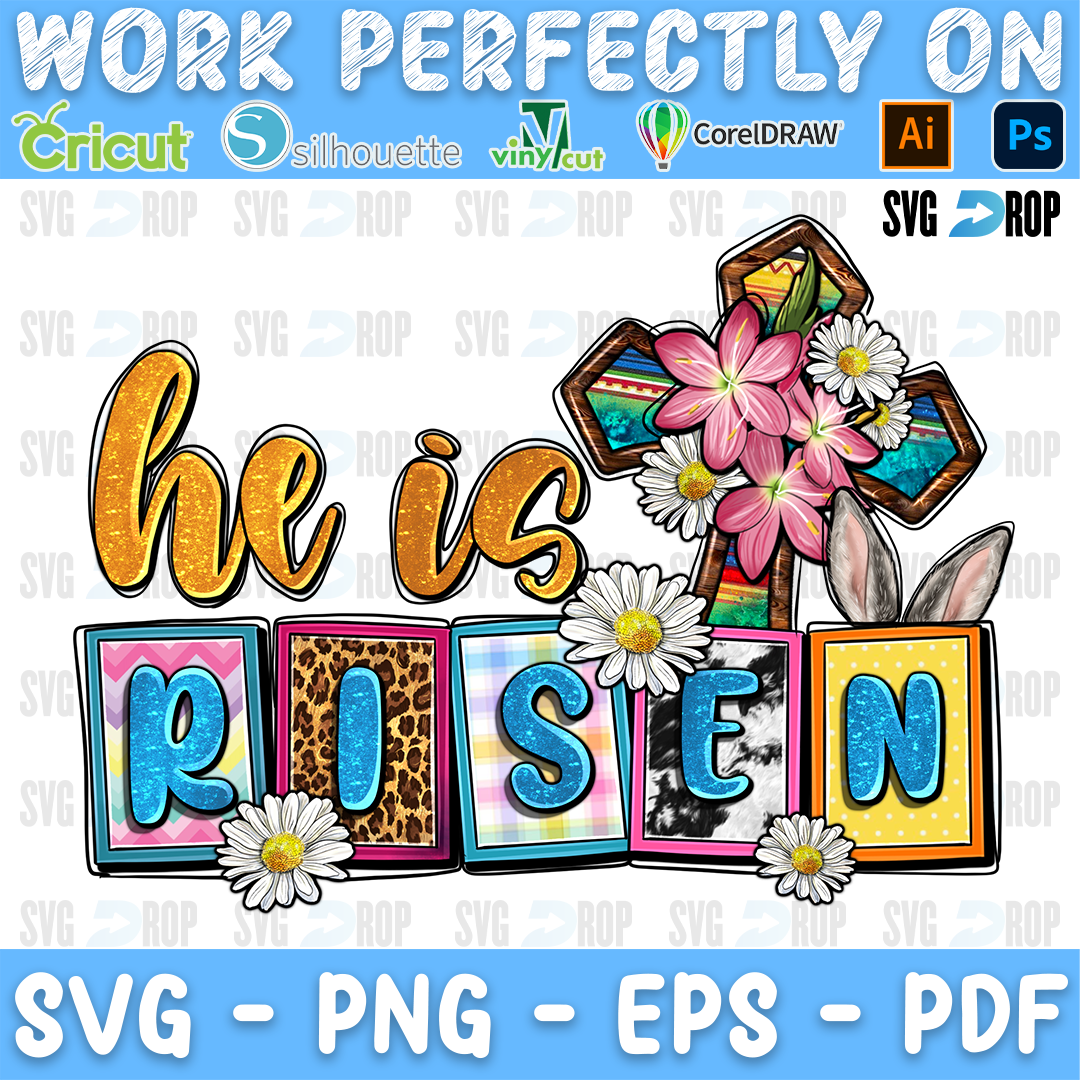 An Easter sublimation design: He Is in gold script and RISEN in pastel, gingham and leopard block tiles, with a wooden cross, pink. Sublimation PNG