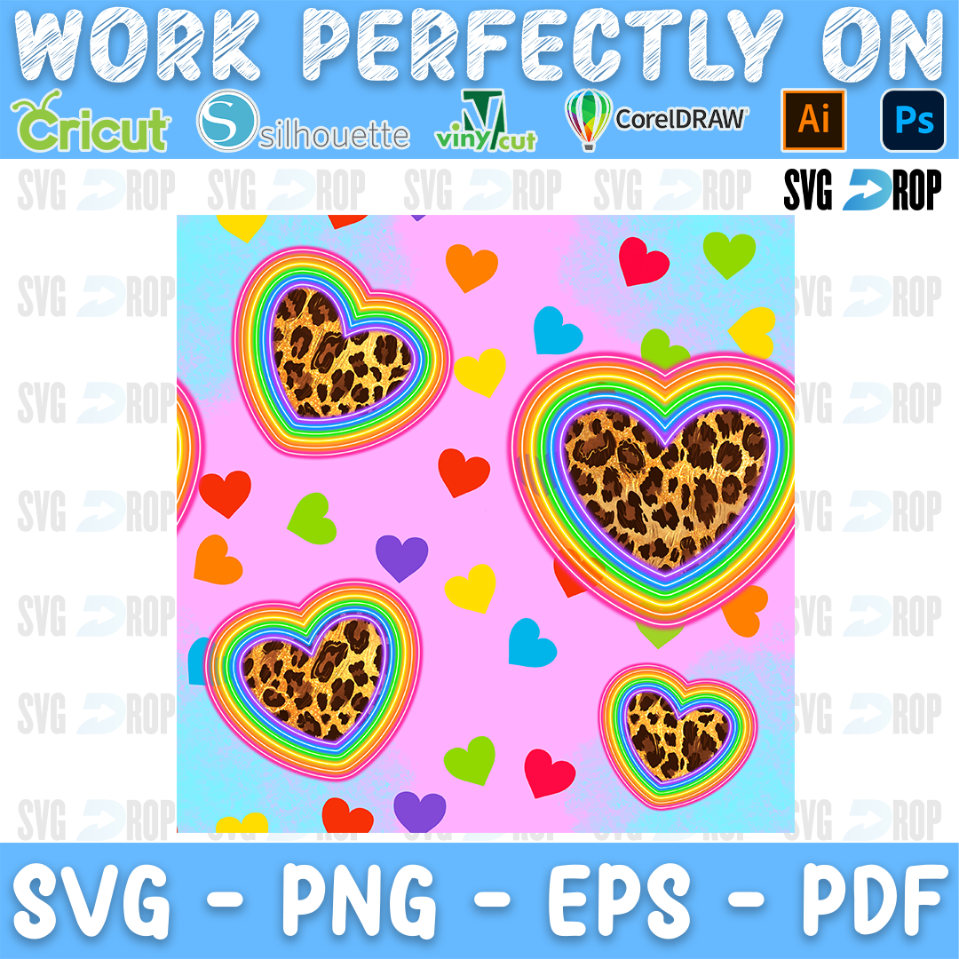 A seamless pattern of rainbow leopard hearts and small colorful hearts on pink. Sublimation PNG