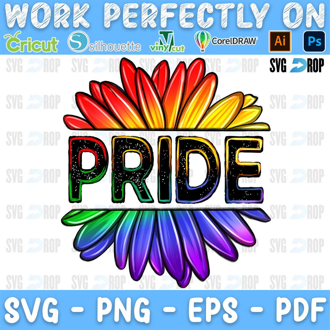 Pride lettering in black letters inside a rainbow sunflower. Sublimation PNG