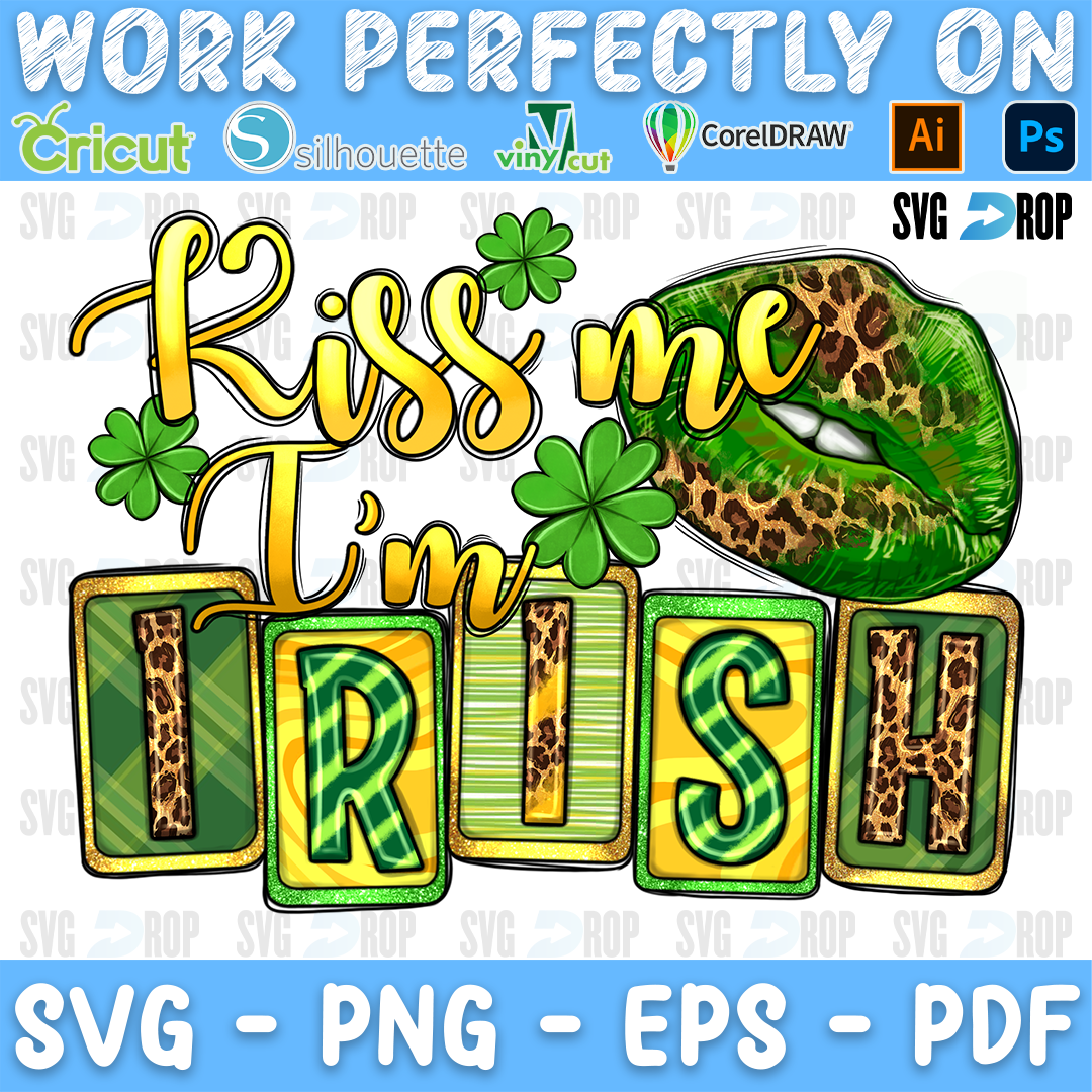 Kiss Me I'm Irish lettering in gold script and green plaid tiles with leopard lips and shamrocks. Sublimation PNG
