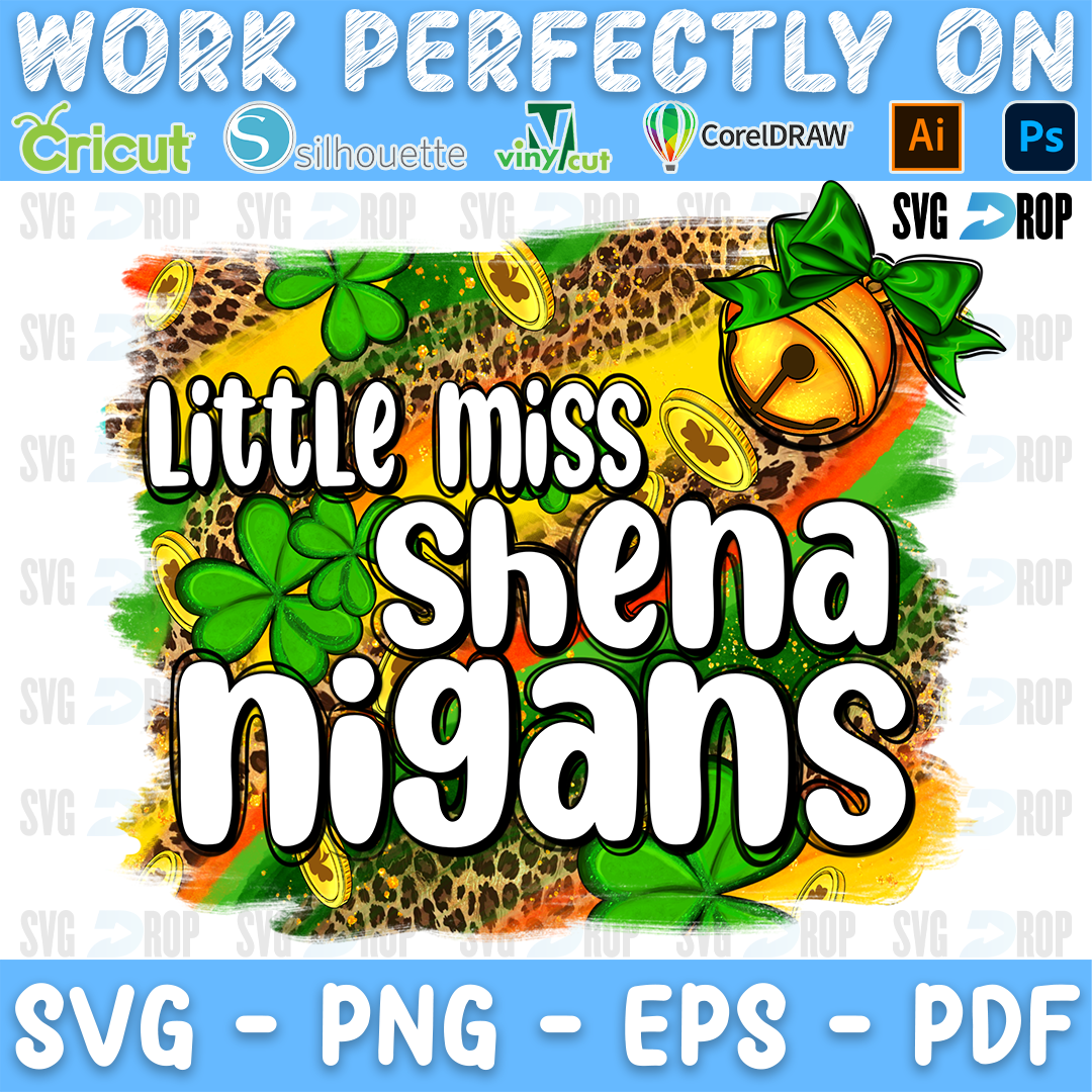 Little Miss Shenanigans lettering in white letters with shamrocks, gold coins and bells on a green, leopard and orange splash. Sublimation PNG