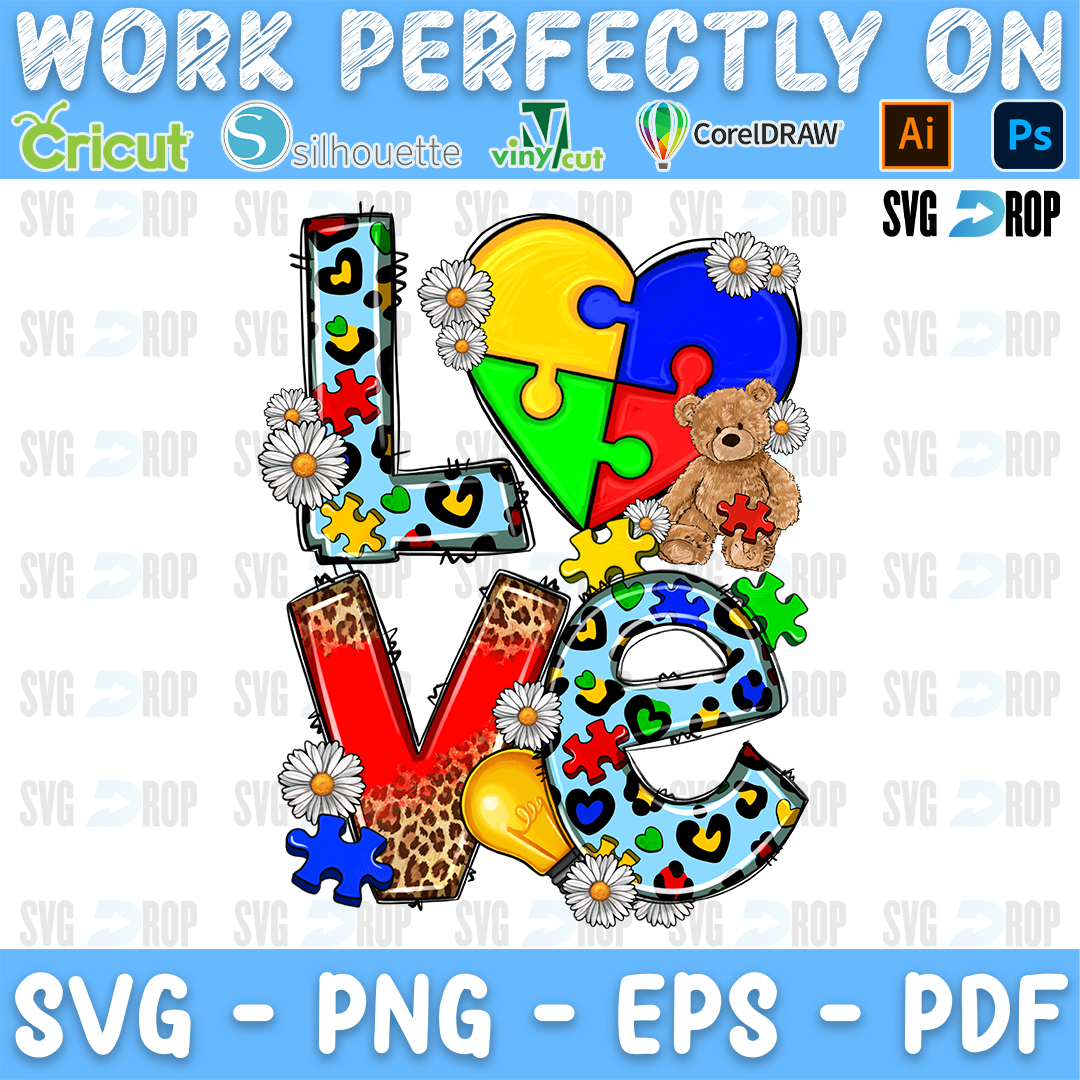 An autism awareness sublimation design: LOVE in patterned letters with a puzzle piece heart for the O, a teddy bear, daisies. Sublimation PNG