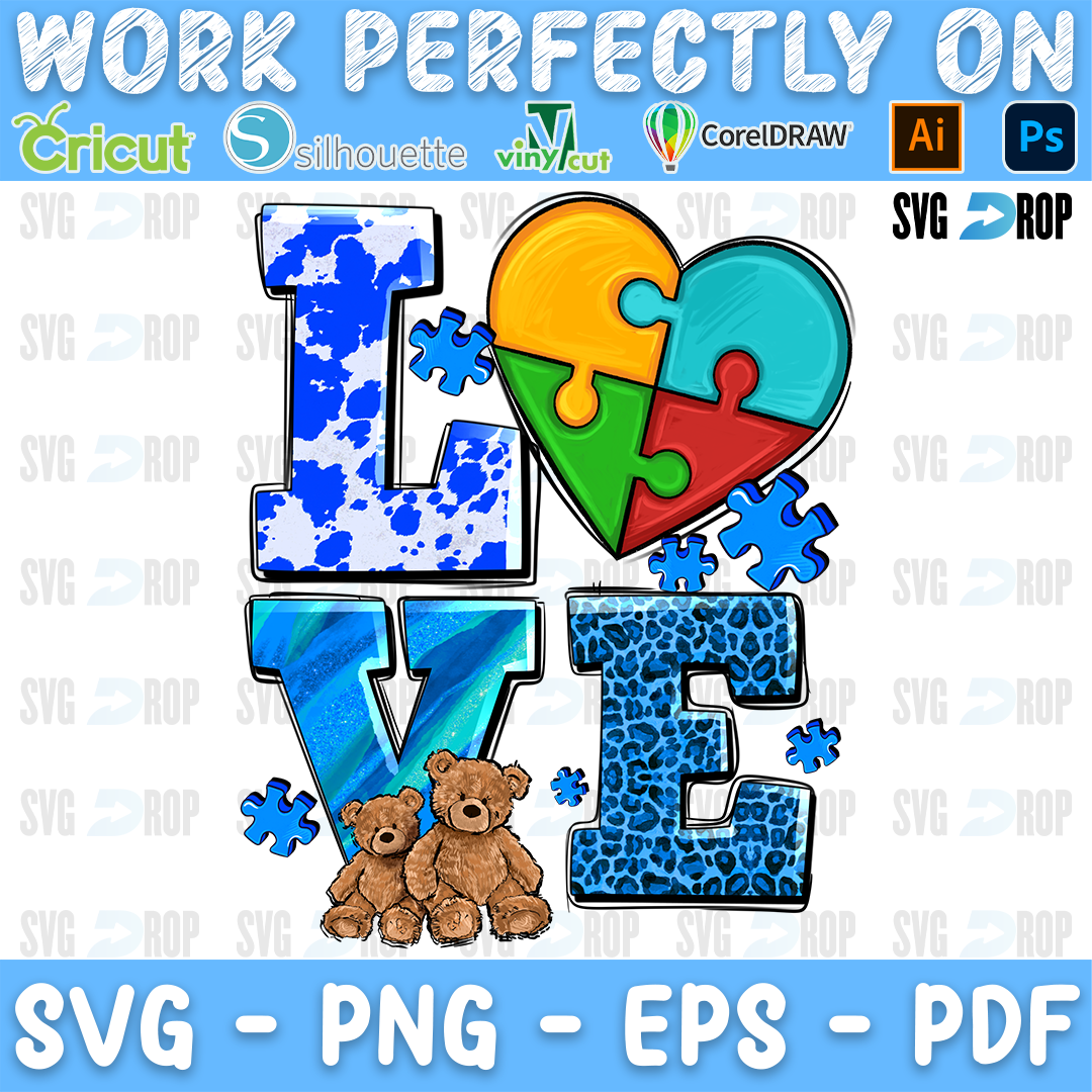 An autism awareness sublimation design: LOVE in blue cowhide, tie dye and leopard letters with a puzzle piece heart, two teddy bears. Sublimation PNG