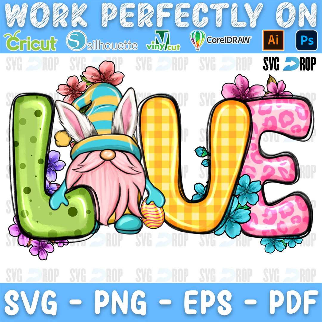LOVE in green, plaid, yellow and pink leopard letters with an Easter gnome with bunny ears and flowers. Sublimation PNG