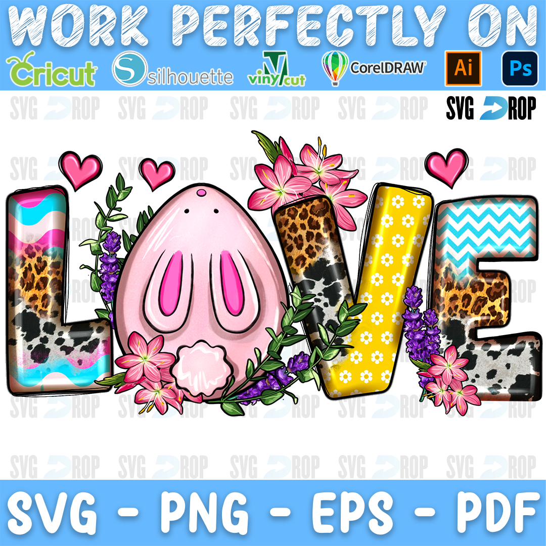 LOVE in leopard, turquoise, cowhide and chevron letters with a pink Easter egg with bunny feet and flowers. Sublimation PNG