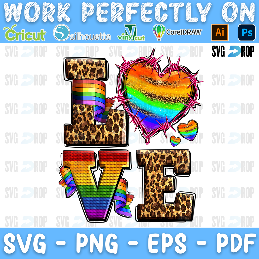LOVE in leopard and rainbow letters with a rainbow heart in barbed wire and small rainbow hearts. Sublimation PNG