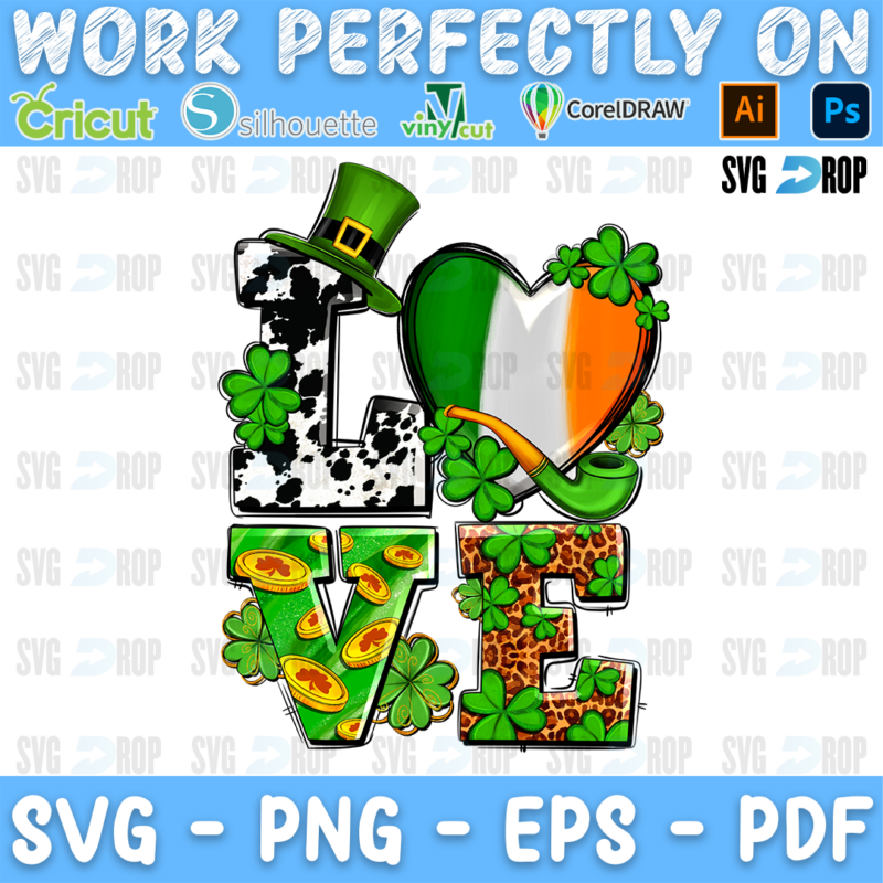 LOVE in cowhide and green letters with an Irish flag heart, gold coins, shamrocks and a leprechaun hat. Sublimation PNG