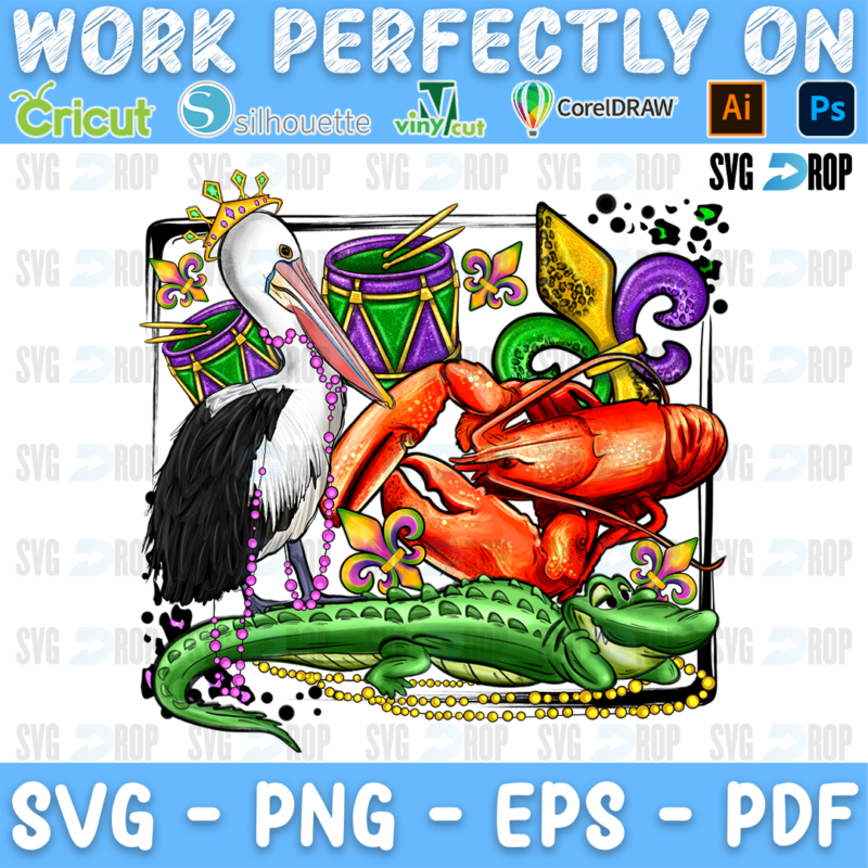 Mardi Gras Pelican Crawfish Crocodile PNG