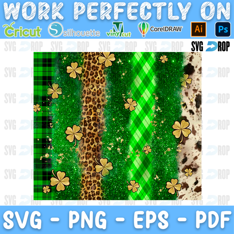 Green plaid, green glitter, leopard and cowhide brushstroke stripes with gold shamrocks. Sublimation PNG