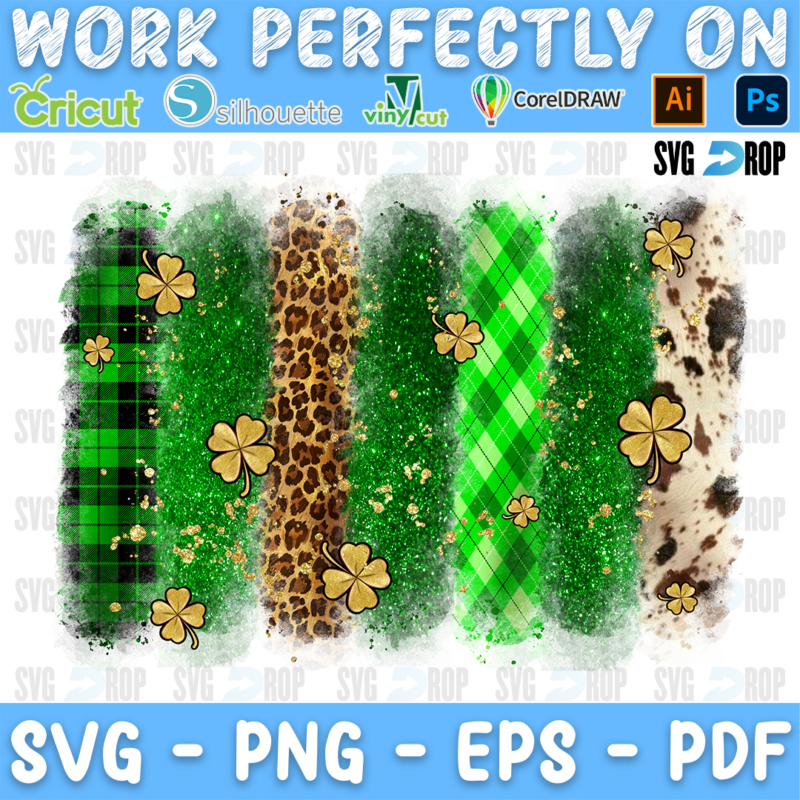 Green plaid, green glitter, leopard and cowhide brushstroke stripes with gold shamrocks on a green splash. Sublimation PNG