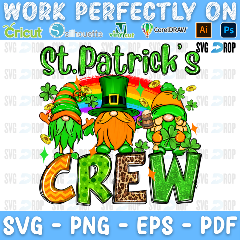 St. Patrick's Crew lettering in green script and orange, leopard, green letters with three gnomes, a rainbow and a beer mug. Sublimation PNG