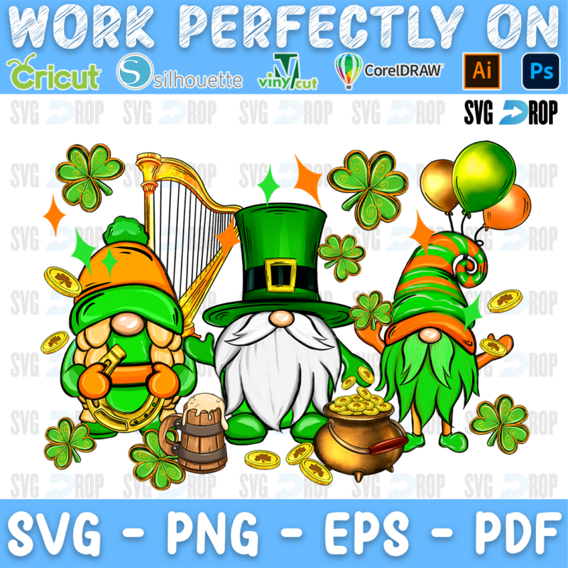 A St. Patrick’s Day design of three gnomes in green hats with a golden harp, a beer mug, a pot of gold coins, balloons and shamrocks. Sublimation PNG