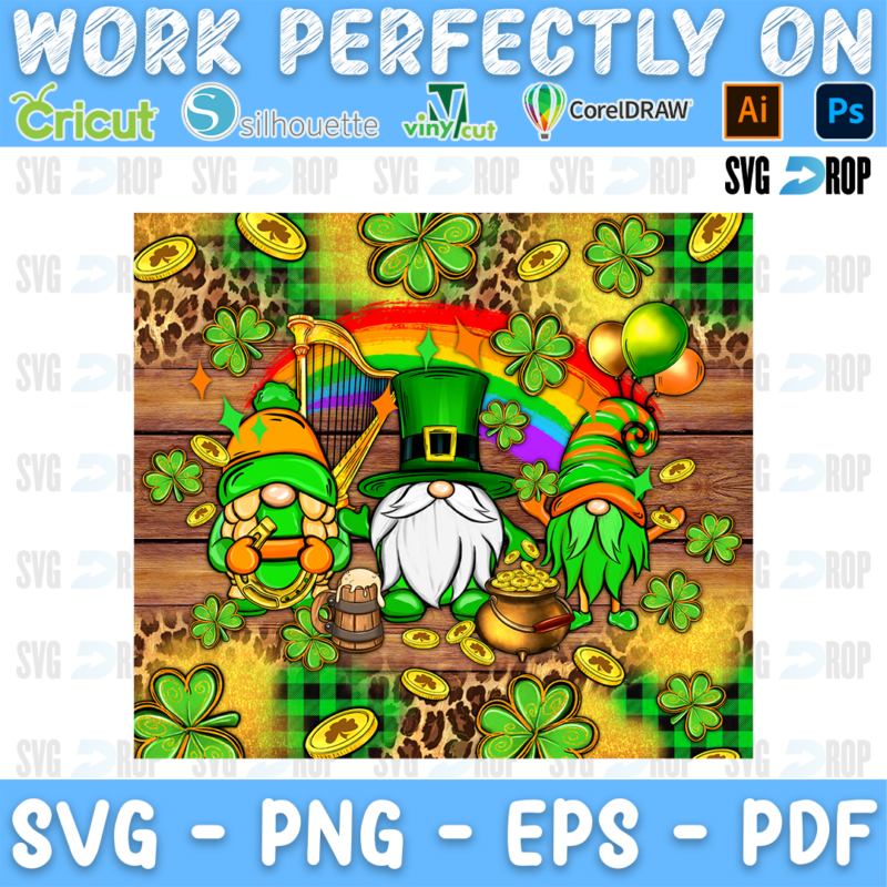 A St. Patrick’s Day design of three green leprechaun gnomes with a harp, a mug and a pot of gold, over a leopard, plaid and wood. Sublimation PNG