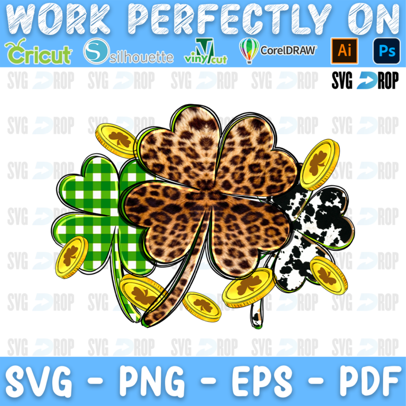 A St. Patrick’s Day shamrock design: a leopard print four leaf clover flanked by green gingham and cowhide shamrocks, with gold. Sublimation PNG