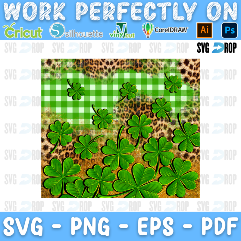 A St. Patrick’s Day background design: green shamrocks over a patchwork of leopard print and green gingham, suited to a full wrap. Sublimation PNG
