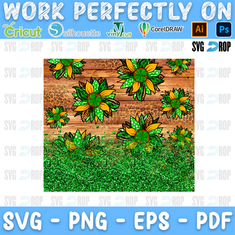 Green and leopard sunflowers with shamrocks on wood and green glitter. Sublimation PNG