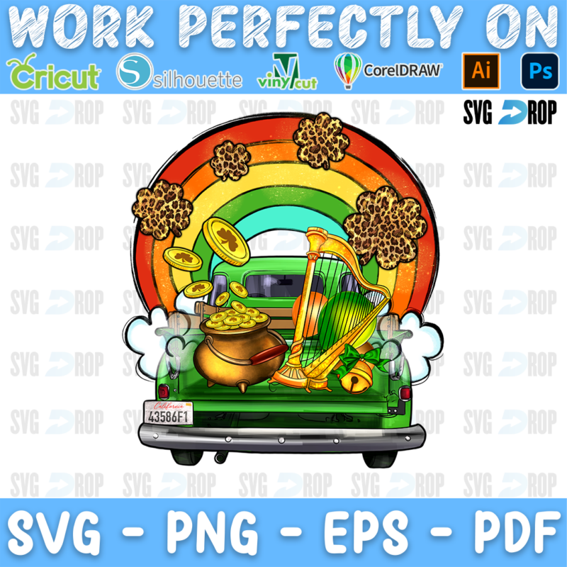 The back of a green pickup truck carrying a pot of gold and a harp under a leopard and green rainbow. Sublimation PNG