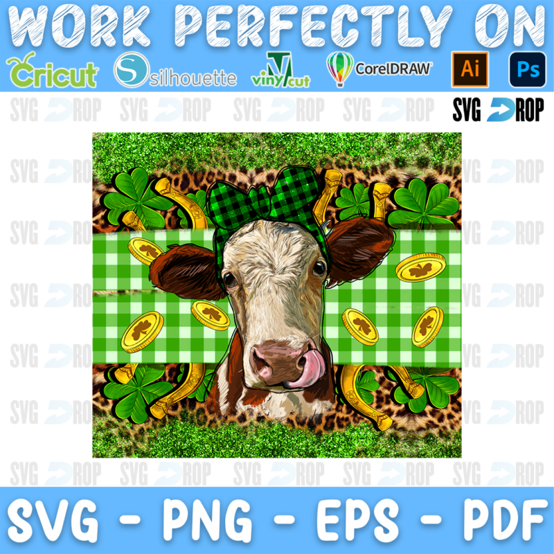 A Hereford cow with a green plaid bow licking its nose on green gingham, leopard and green glitter with gold coins and horseshoes. Sublimation PNG