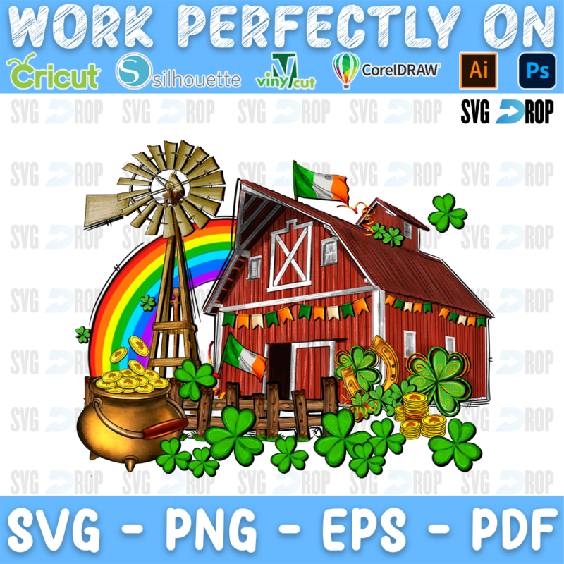 A red barn with an Irish flag, a windmill, a rainbow, a pot of gold and shamrocks. Sublimation PNG