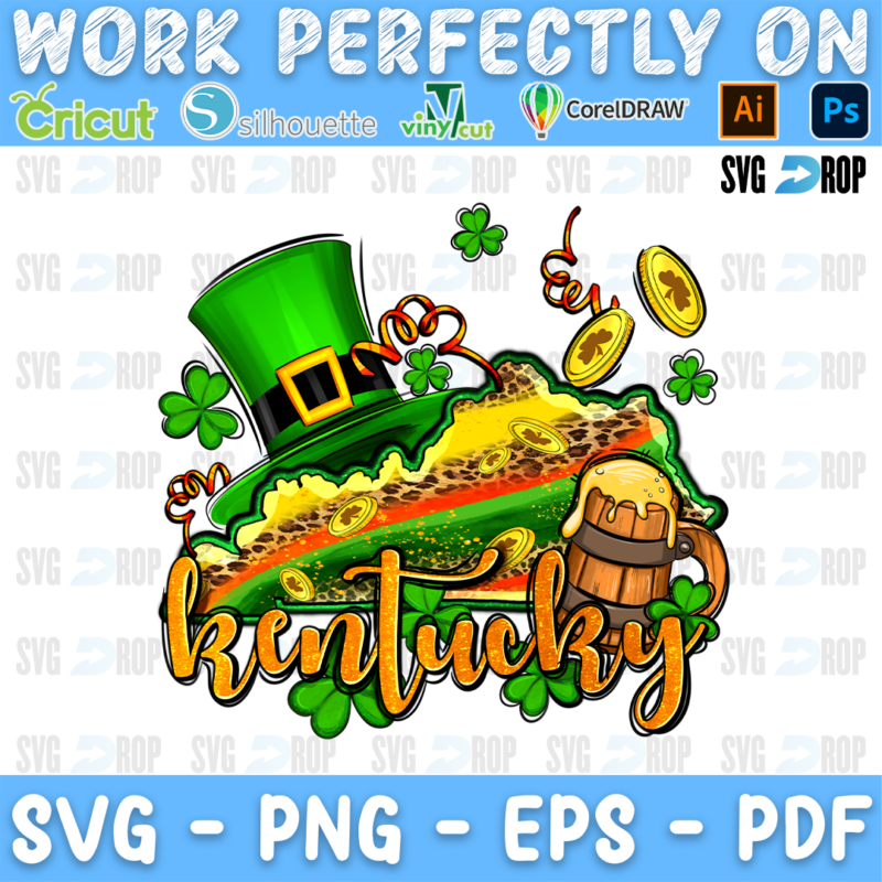 Kentucky lettering in orange script with a green Kentucky map, a leprechaun hat, a beer mug and gold coins. Sublimation PNG