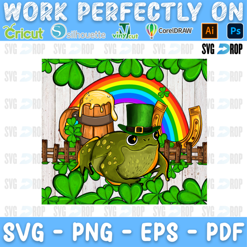 A frog in a leprechaun hat with a rainbow, a beer mug, a horseshoe and shamrocks on white wood. Sublimation PNG