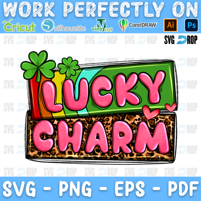 Lucky Charm lettering in pink letters on a green and leopard sign with shamrocks. Sublimation PNG