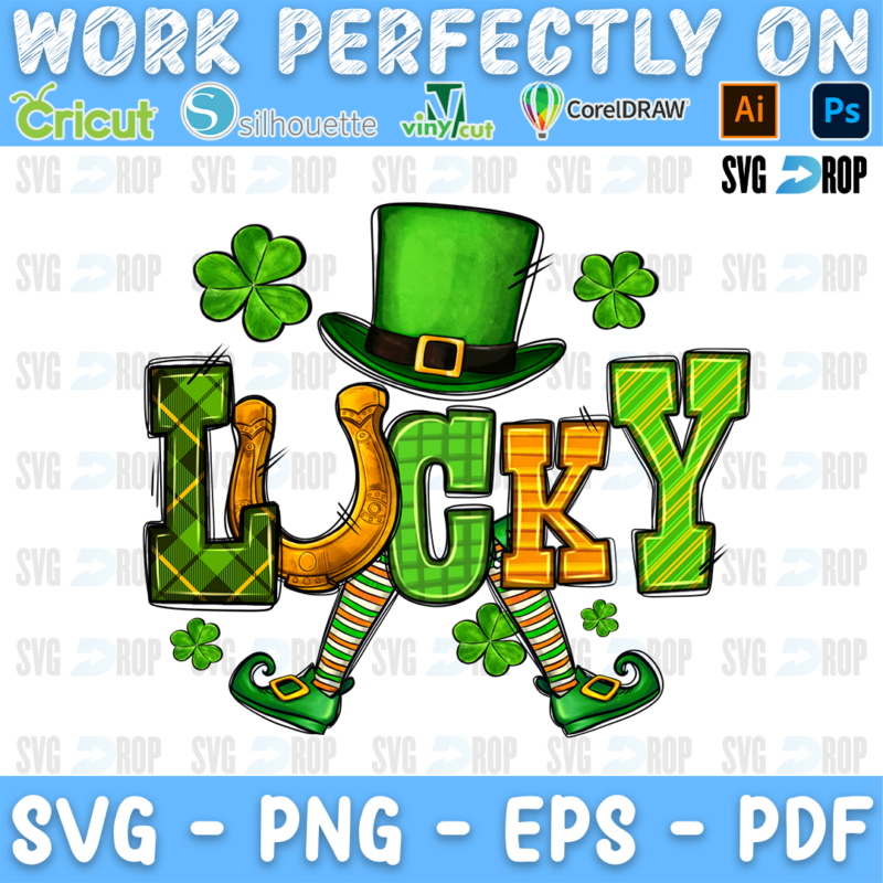 LUCKY in green plaid and green letters with a leprechaun hat, a horseshoe, leprechaun legs and shamrocks. Sublimation PNG