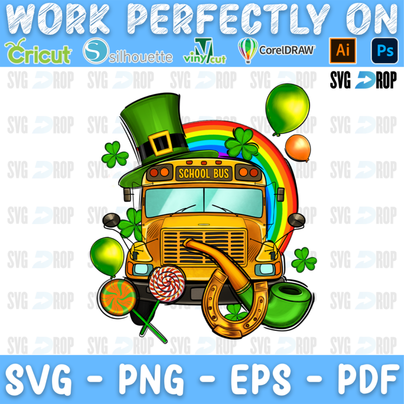 A yellow school bus in a leprechaun hat with a rainbow, a horseshoe, lollipops, balloons and shamrocks. Sublimation PNG